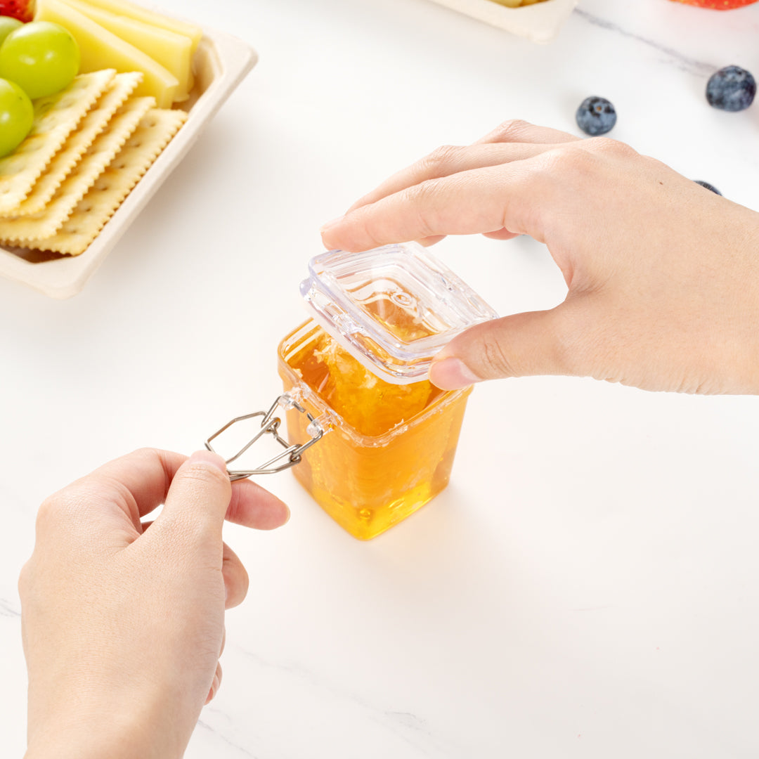 Mini Serve 3 oz Square Clear Plastic Nostalgic Mason Jar - with Clamp Lid - 2 1/2" x 2" x 3" - 100 count box