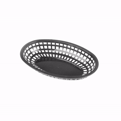 Chef 101 Oval Black Plastic Fast Food Serving Basket - 10 1/4" x 6 3/4" x 2" - 10 count box