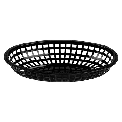 Chef 101 Oval Black Plastic Fast Food Serving Basket - 10 1/4" x 6 3/4" x 2" - 10 count box