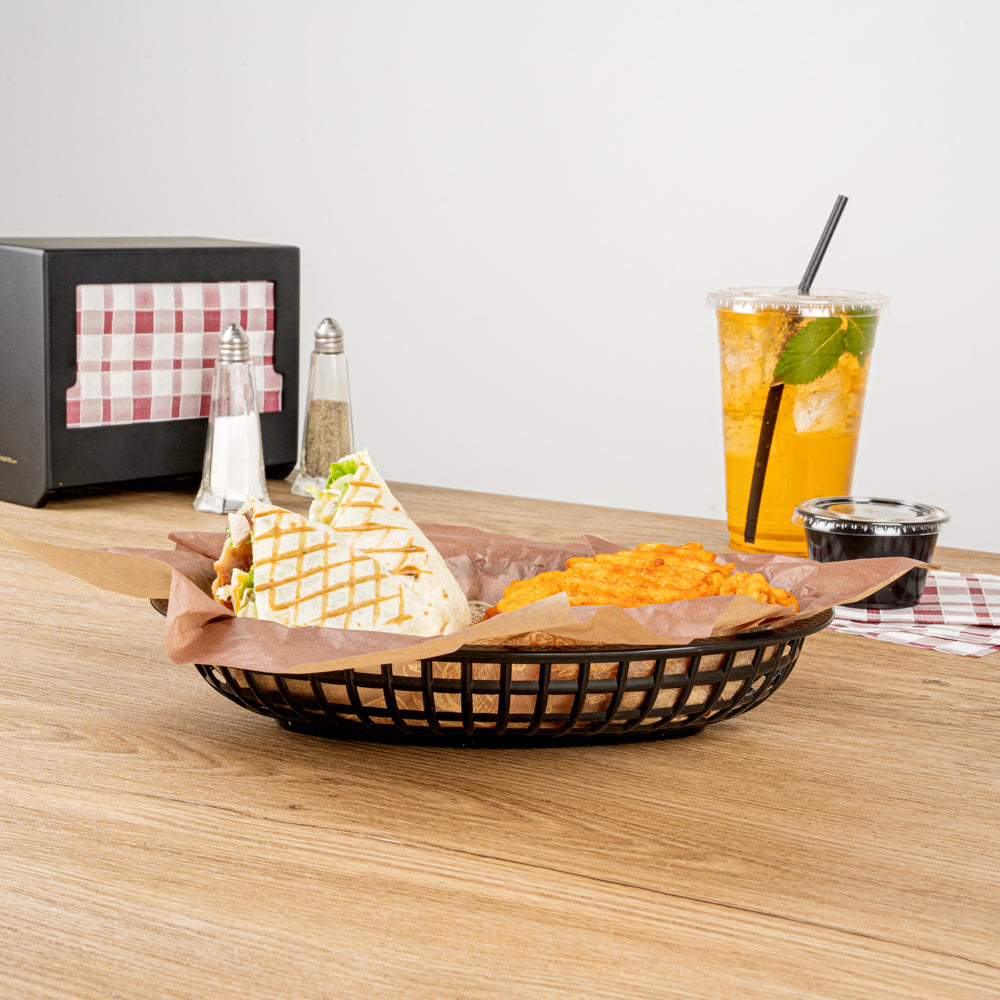 Chef 101 Oval Black Plastic Fast Food Serving Basket - 10 1/4" x 6 3/4" x 2" - 10 count box