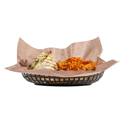 Chef 101 Oval Black Plastic Fast Food Serving Basket - 10 1/4" x 6 3/4" x 2" - 100 count box
