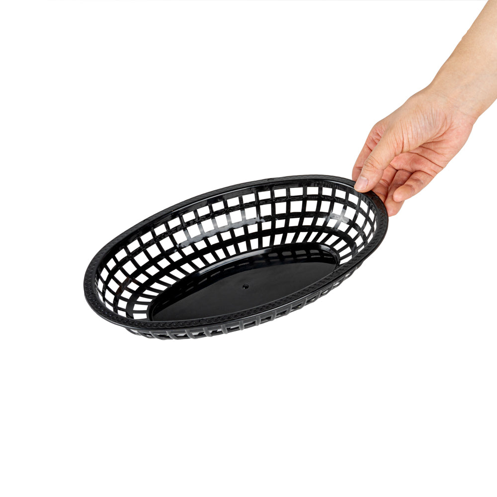 Chef 101 Oval Black Plastic Fast Food Serving Basket - 10 1/4" x 6 3/4" x 2" - 100 count box