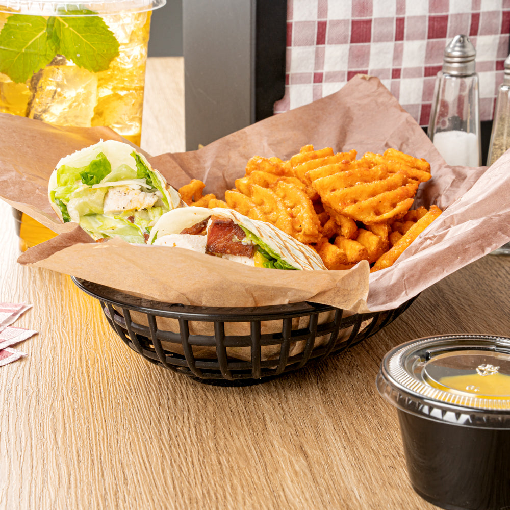 Chef 101 Oval Black Plastic Fast Food Serving Basket - 10 1/4" x 6 3/4" x 2" - 100 count box