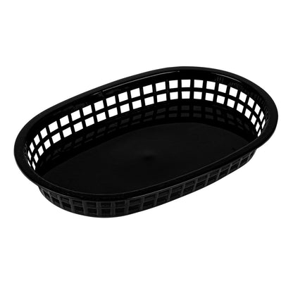 Chef 101 Oval Black Plastic Fast Food Serving Basket - 10 1/2" x 7 1/4" x 1 1/2" - 10 count box