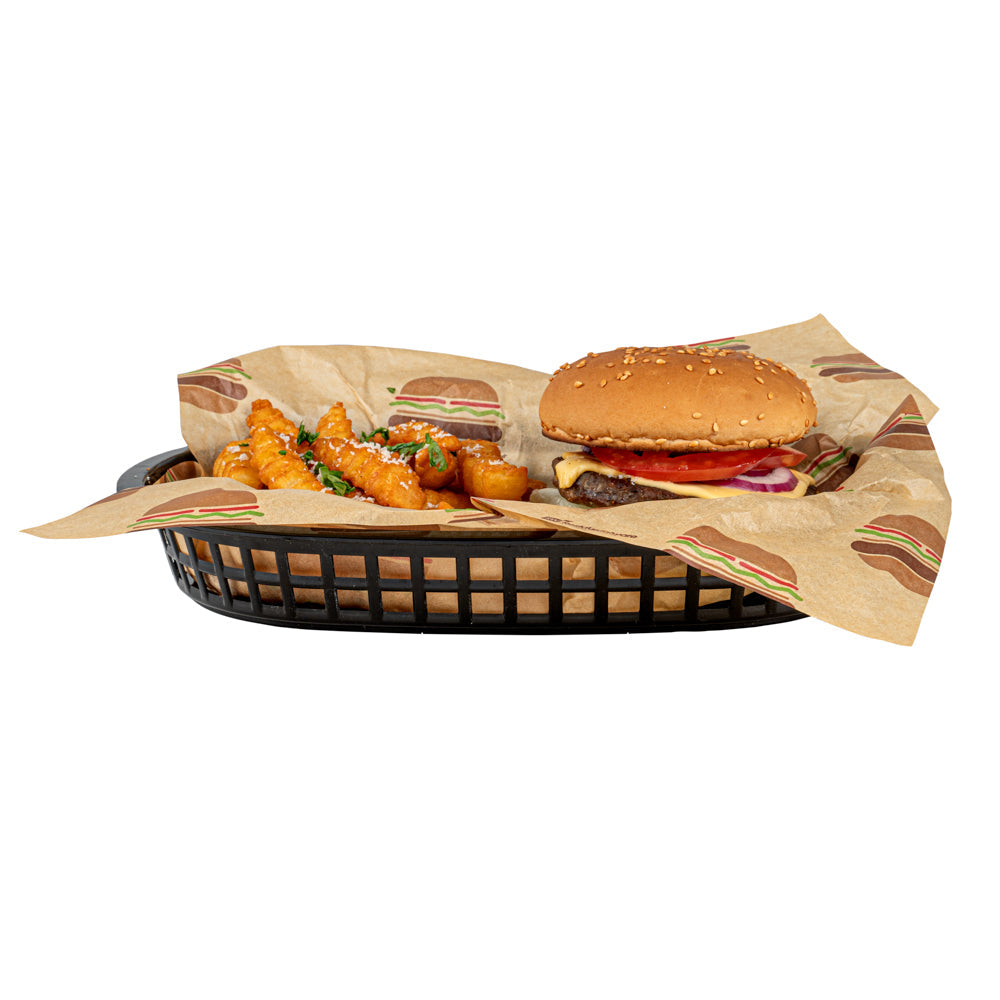 Chef 101 Oval Black Plastic Fast Food Serving Basket - 10 1/2" x 7 1/4" x 1 1/2" - 10 count box