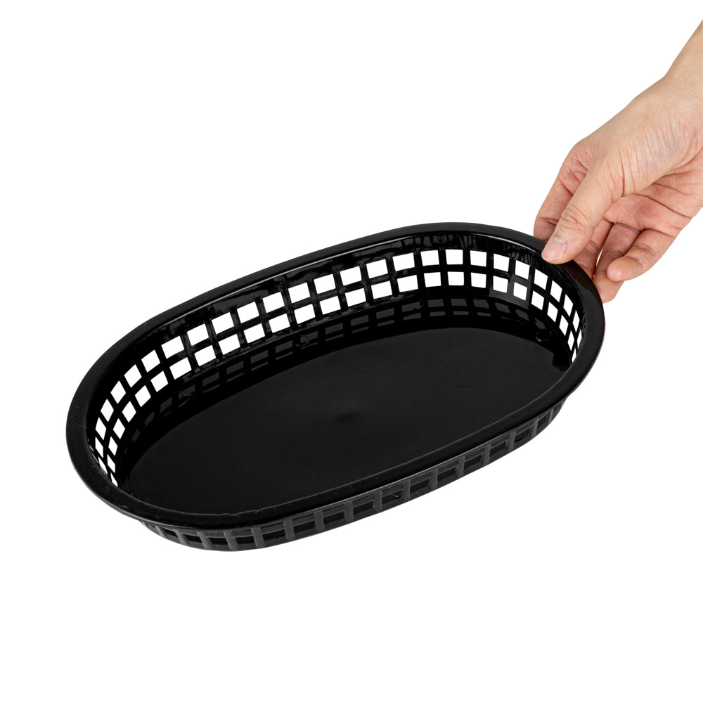 Chef 101 Oval Black Plastic Fast Food Serving Basket - 10 1/2" x 7 1/4" x 1 1/2" - 10 count box