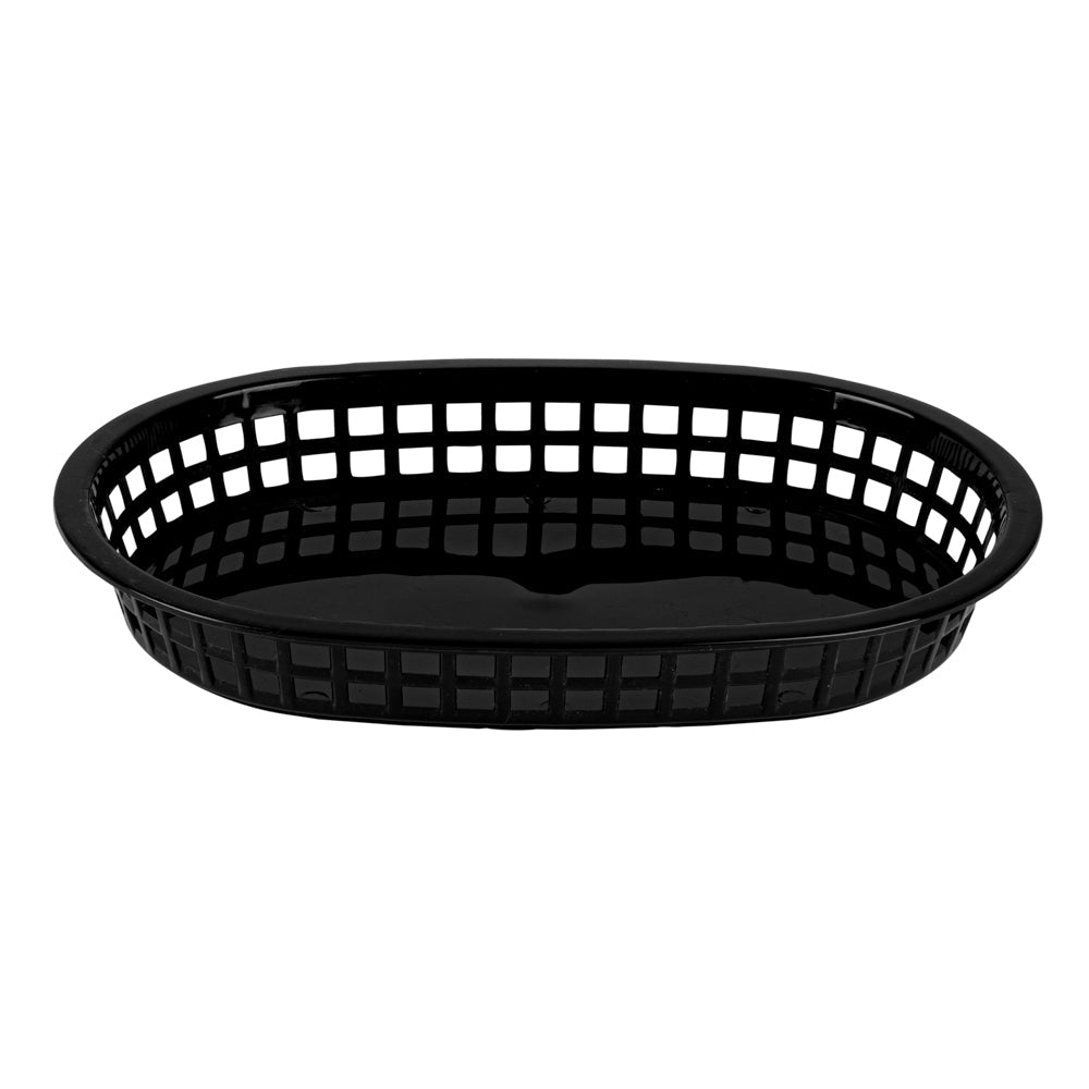Chef 101 Oval Black Plastic Fast Food Serving Basket - 10 1/2" x 7 1/4" x 1 1/2" - 10 count box