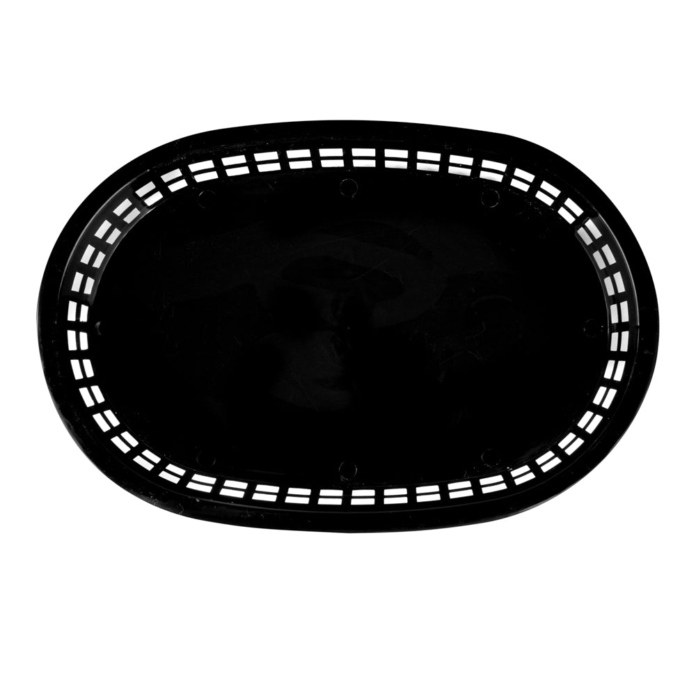Chef 101 Oval Black Plastic Fast Food Serving Basket - 10 1/2" x 7 1/4" x 1 1/2" - 10 count box