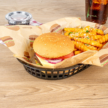 Chef 101 Oval Black Plastic Fast Food Serving Basket - 10 1/2" x 7 1/4" x 1 1/2" - 10 count box