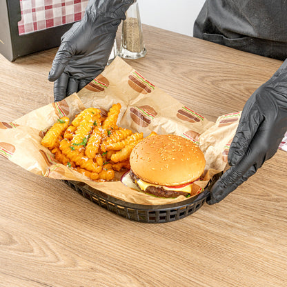 Chef 101 Oval Black Plastic Fast Food Serving Basket - 10 1/2" x 7 1/4" x 1 1/2" - 10 count box