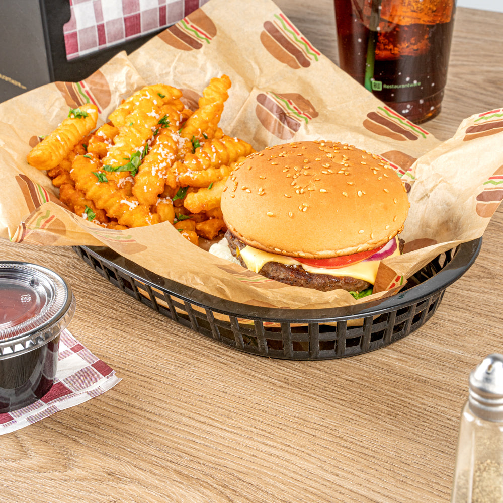 Chef 101 Oval Black Plastic Fast Food Serving Basket - 10 1/2" x 7 1/4" x 1 1/2" - 10 count box