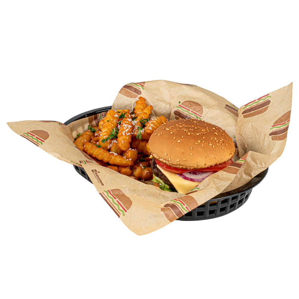 Chef 101 Oval Black Plastic Fast Food Serving Basket - 10 1/2" x 7 1/4" x 1 1/2" - 100 count box