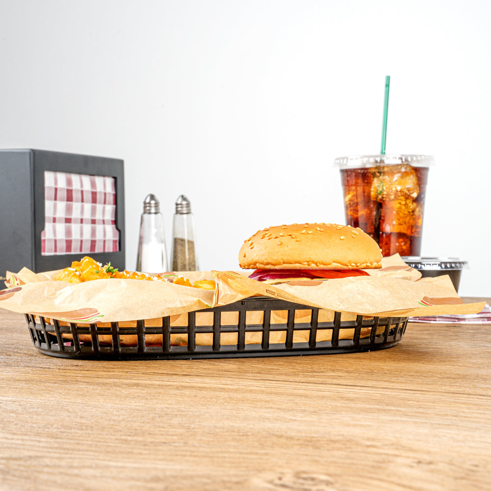 Chef 101 Oval Black Plastic Fast Food Serving Basket - 10 1/2" x 7 1/4" x 1 1/2" - 100 count box