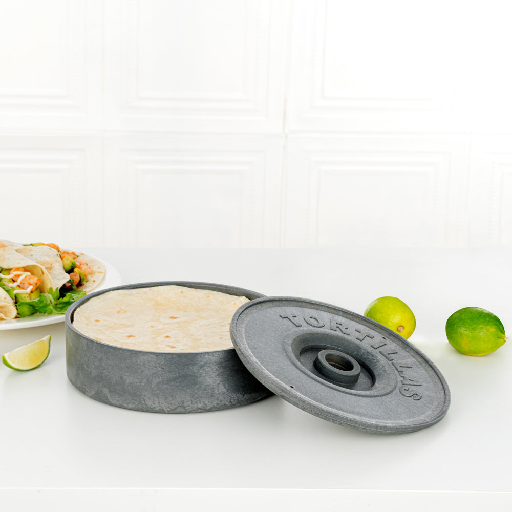 Chef 101 Round Gray Plastic Tortilla Warmer / Server - 8 1/2" x 8 1/2" x 2 1/4" - 1 count box