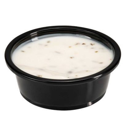 Chef 101 1.5 oz Round Black Plastic Portion Cup - 2 1/2" x 2 1/2" x 3/4" - 2000 count box