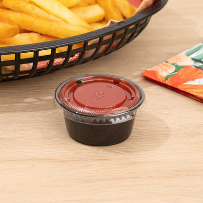 Chef 101 2 oz Round Black Plastic Portion Cup - 2 1/2" x 2 1/2" x 1 1/4" - 2000 count box