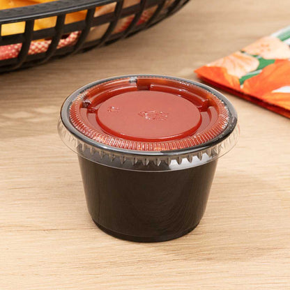 Chef 101 2.5 oz Round Black Plastic Portion Cup - 2 1/2" x 2 1/2" x 1 1/2" - 2000 count box