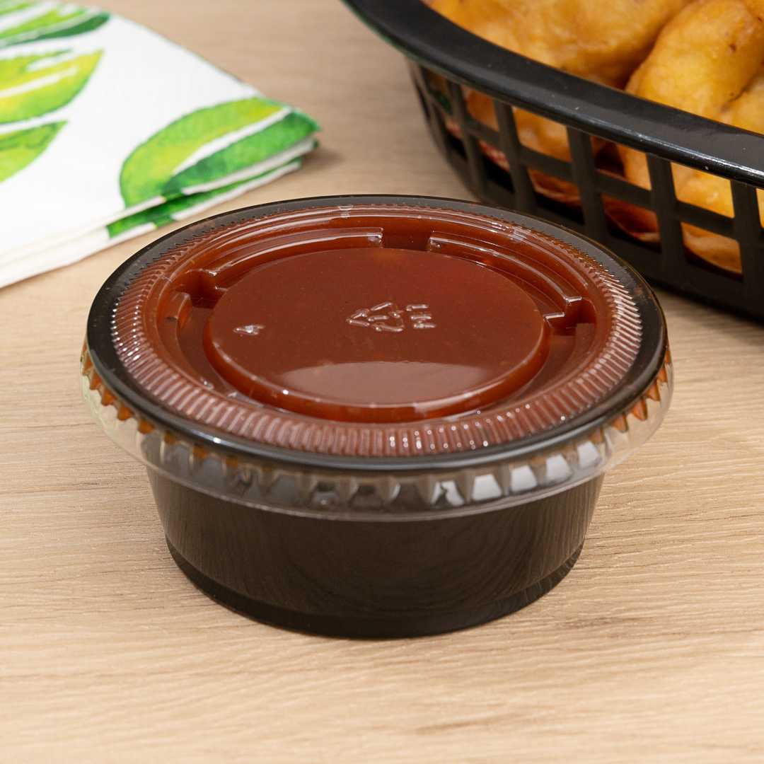 Chef 101 3.3 oz Round Black Plastic Portion Cup - 3" x 3" x 1 1/4" - 2000 count box