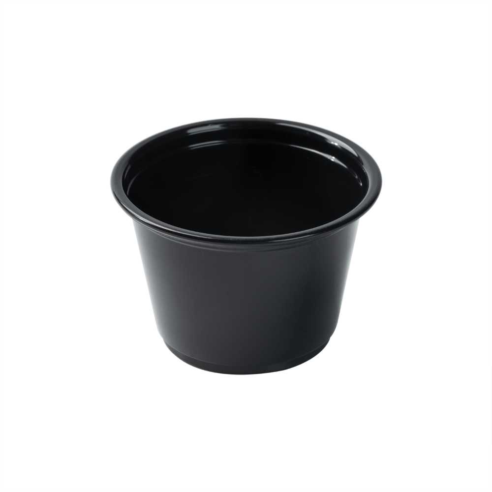 Chef 101 4 oz Round Black Plastic Portion Cup - 3" x 3" x 1 3/4" - 2000 count box