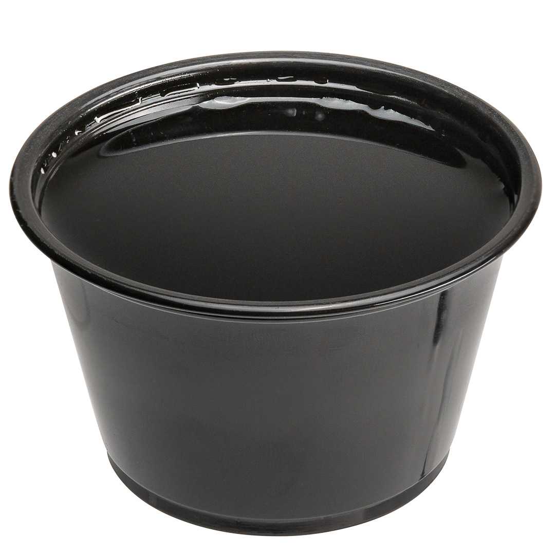 Chef 101 4 oz Round Black Plastic Portion Cup - 3" x 3" x 1 3/4" - 2000 count box