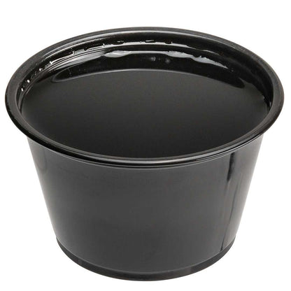 Chef 101 4 oz Round Black Plastic Portion Cup - 3" x 3" x 1 3/4" - 2000 count box