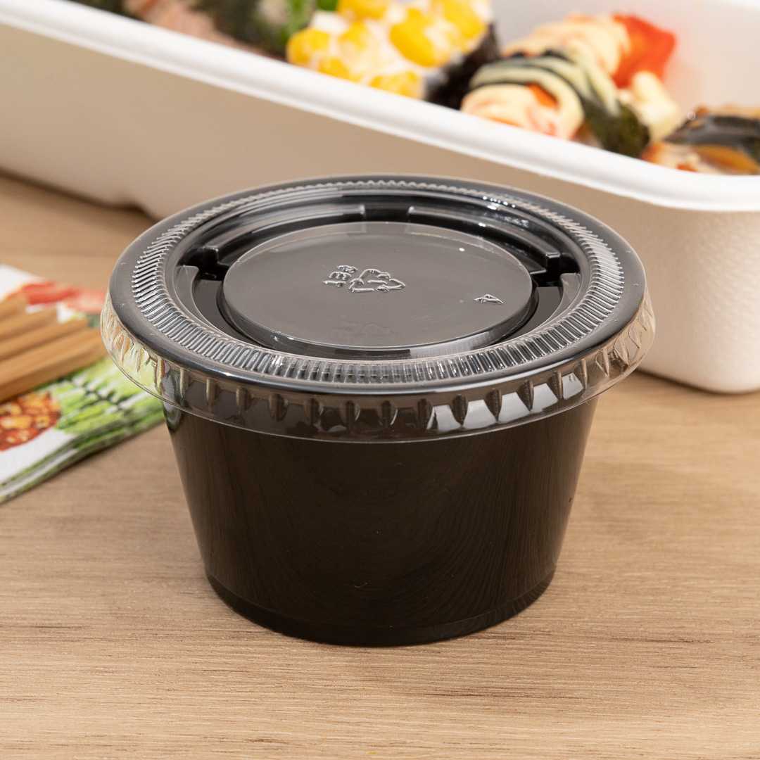 Chef 101 4 oz Round Black Plastic Portion Cup - 3" x 3" x 1 3/4" - 2000 count box