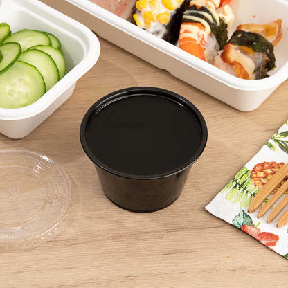 Chef 101 4 oz Round Black Plastic Portion Cup - 3" x 3" x 1 3/4" - 2000 count box