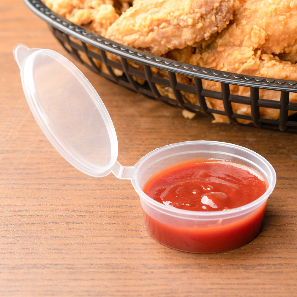 Chef 101 1.5 oz Clear Plastic Portion Cup - with Hinged Lid - 2" x 2" x 1" - 100 count box