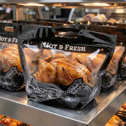 Bag Tek Black Plastic Rotisserie Chicken / Hot Food Bag - Hot & Fresh - 12 3/4" x 5 3/4" x 10 1/4" - 100 count box