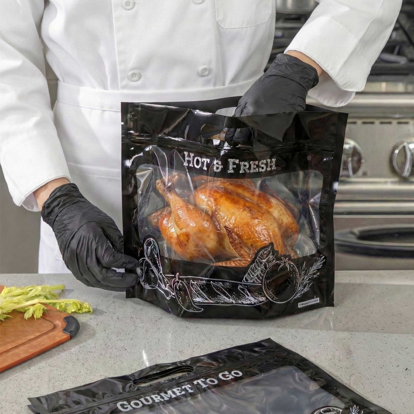 Bag Tek Black Plastic Rotisserie Chicken / Hot Food Bag - Hot & Fresh - 12 3/4" x 5 3/4" x 10 1/4" - 100 count box