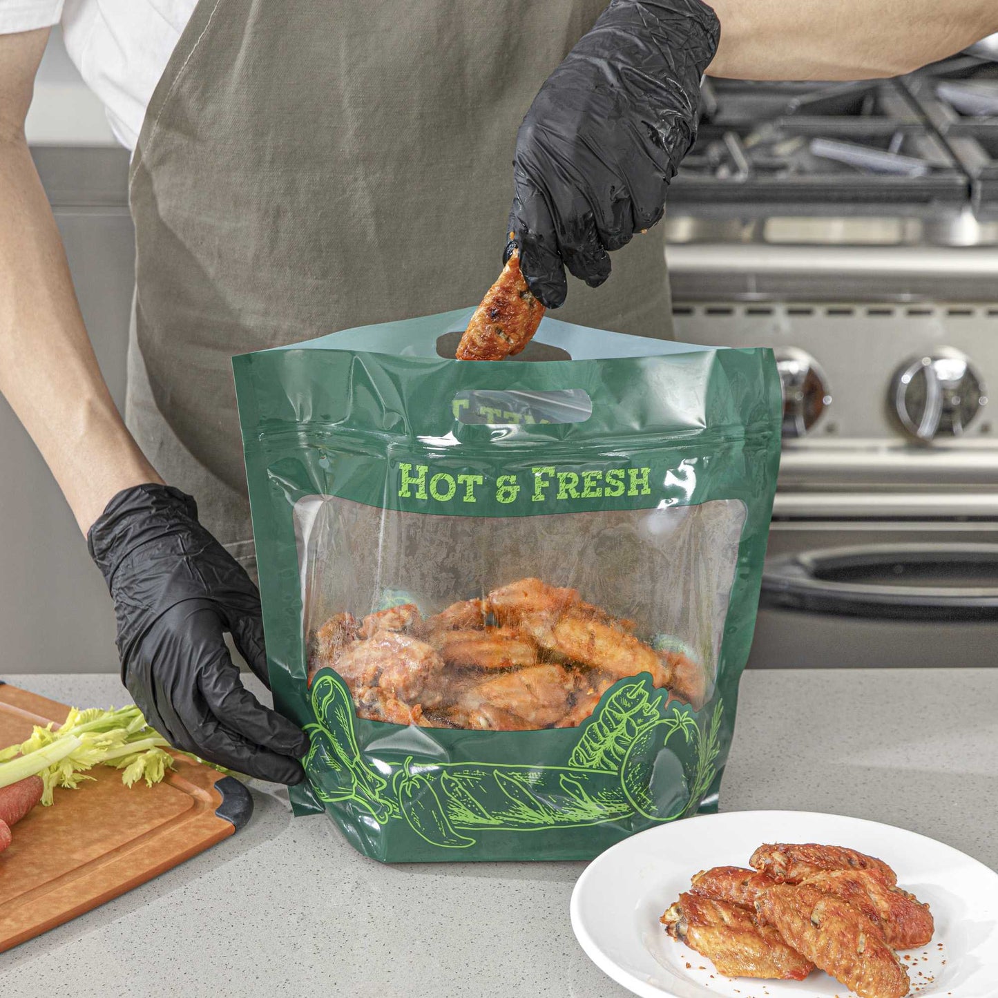 Bag Tek Green Plastic Rotisserie Chicken / Hot Food Bag - Hot & Fresh - 12 3/4 x 5 3/4 x 10 1/4 - 100 count box