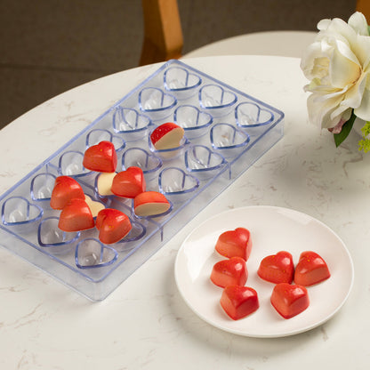 Pastry Tek Polycarbonate Solid Heart Candy / Chocolate Mold - 21-Compartment - 10 count box