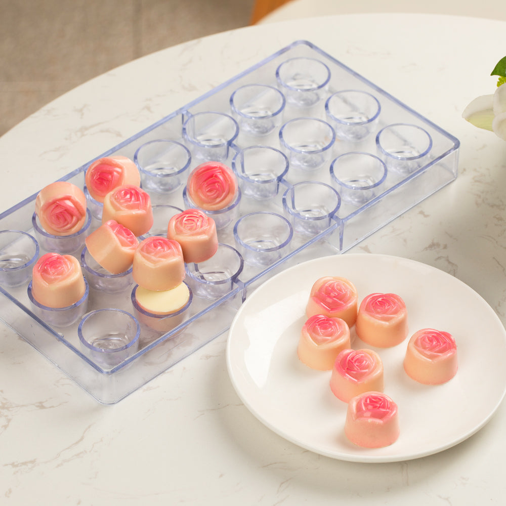 Pastry Tek Polycarbonate Rose Candy / Chocolate Mold - 21-Compartment - 1 count box