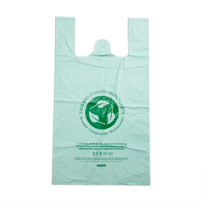 Basic Nature Green Plastic T-Shirt Bag - 1/6 Size, Compostable - 12" x 6 1/2" x 22" - 100 count box