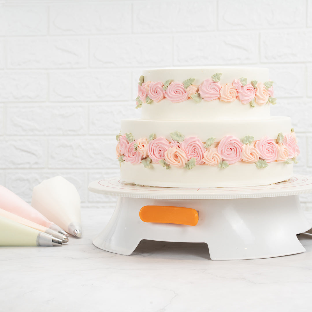Pastry Tek Round White Plastic Revolving Cake Stand / Turntable - with Non-Slip Base, Silicone Piping Bag Set - 12" - 1 count box