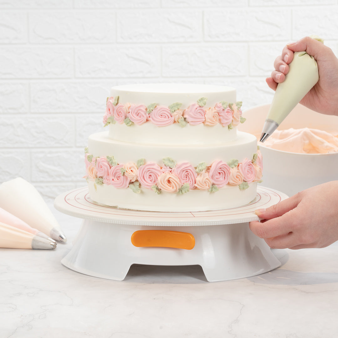 Pastry Tek Round White Plastic Revolving Cake Stand / Turntable - with Non-Slip Base, Silicone Piping Bag Set - 12" - 1 count box