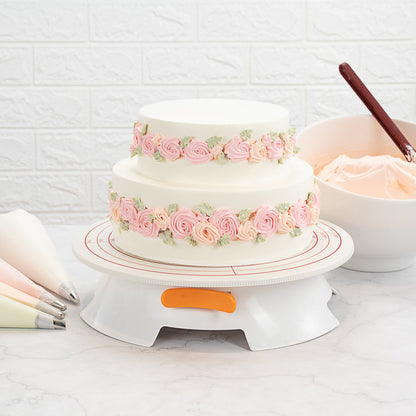 Pastry Tek Round White Plastic Revolving Cake Stand / Turntable - with Non-Slip Base, Silicone Piping Bag Set - 12" - 1 count box