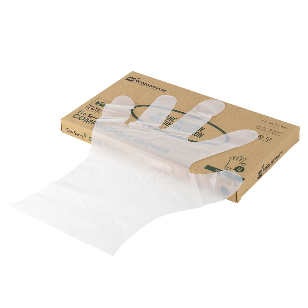 Eco Serve Clear Plastic Small Compostable Gloves - Powder-Free - 10 1/4" x 8 3/4" - 100 count box