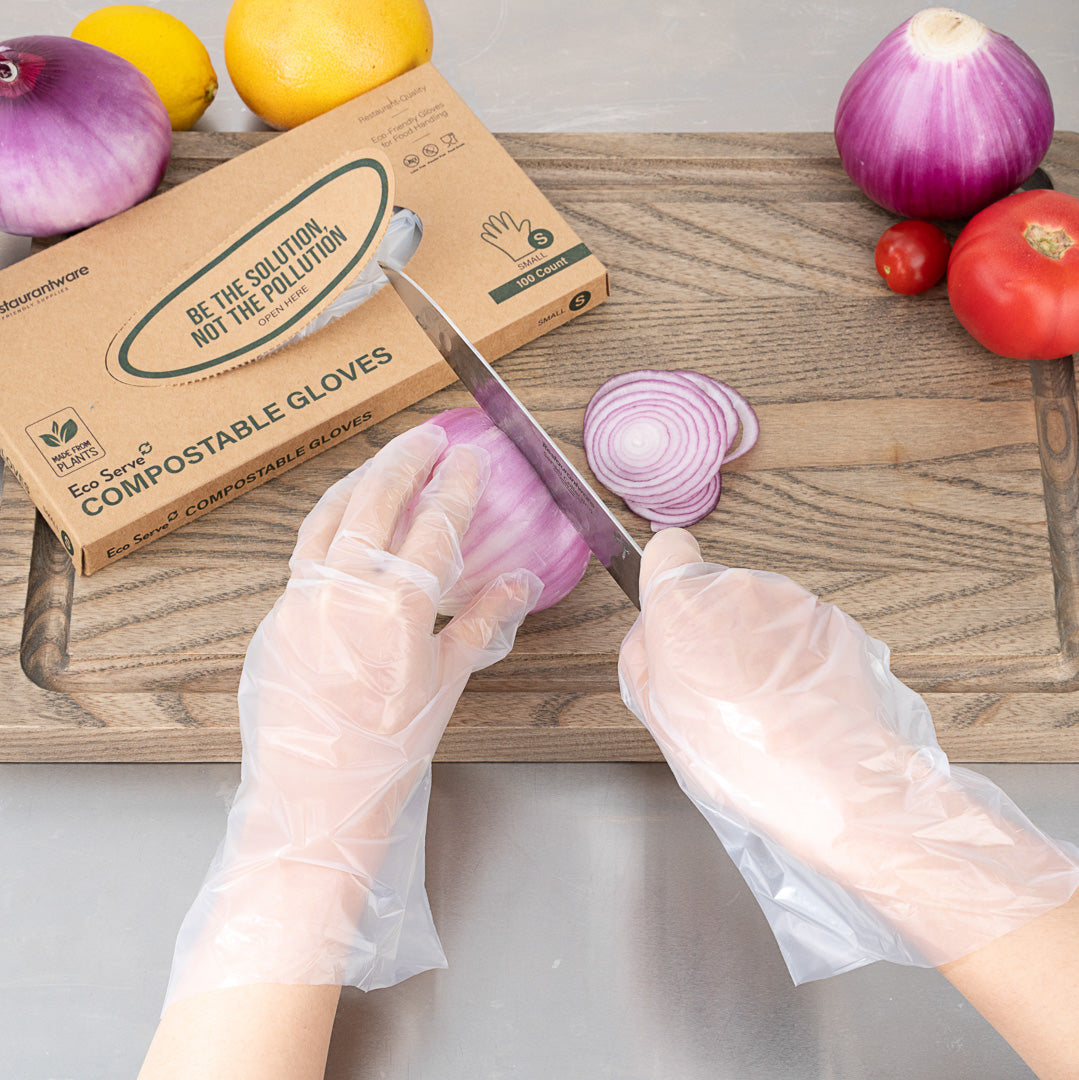 Eco Serve Clear Plastic Small Compostable Gloves - Powder-Free - 10 1/4" x 8 3/4" - 100 count box