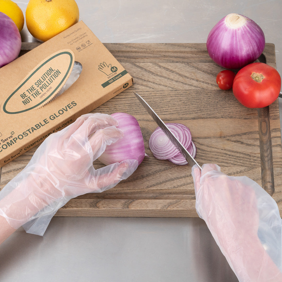 Eco Serve Clear Plastic Medium Compostable Gloves - Powder-Free - 11" x 9" - 100 count box