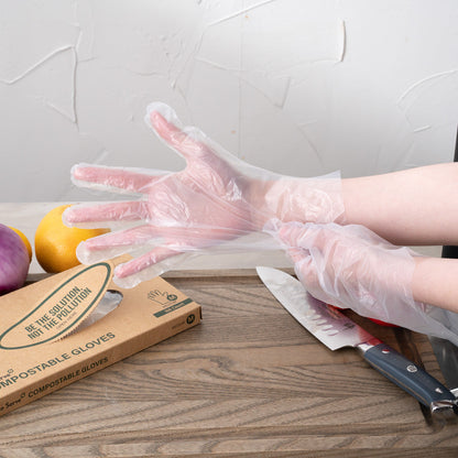 Eco Serve Clear Plastic Medium Compostable Gloves - Powder-Free - 11" x 9" - 100 count box