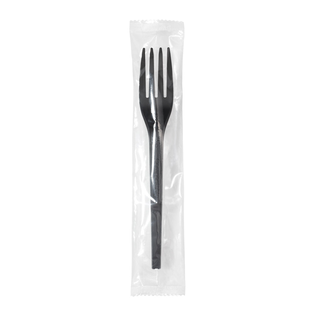 Basic Nature Black CPLA Plastic Fork - Wrapped, Heat-Resistant, Compostable - 6 1/2" - 50 count box