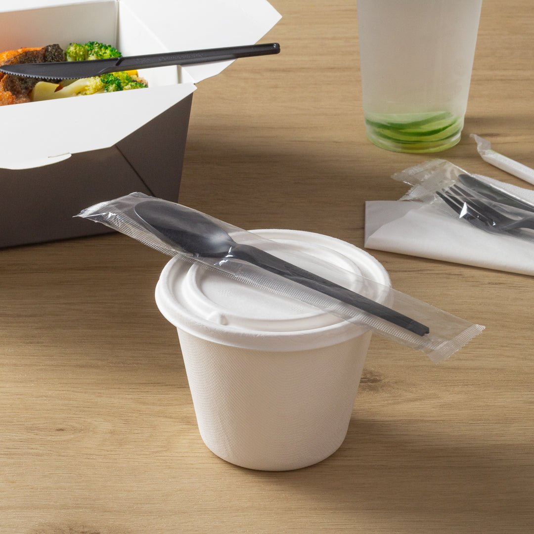 Basic Nature Black CPLA Plastic Spoon - Wrapped, Heat-Resistant, Compostable - 6 1/2" - 50 count box