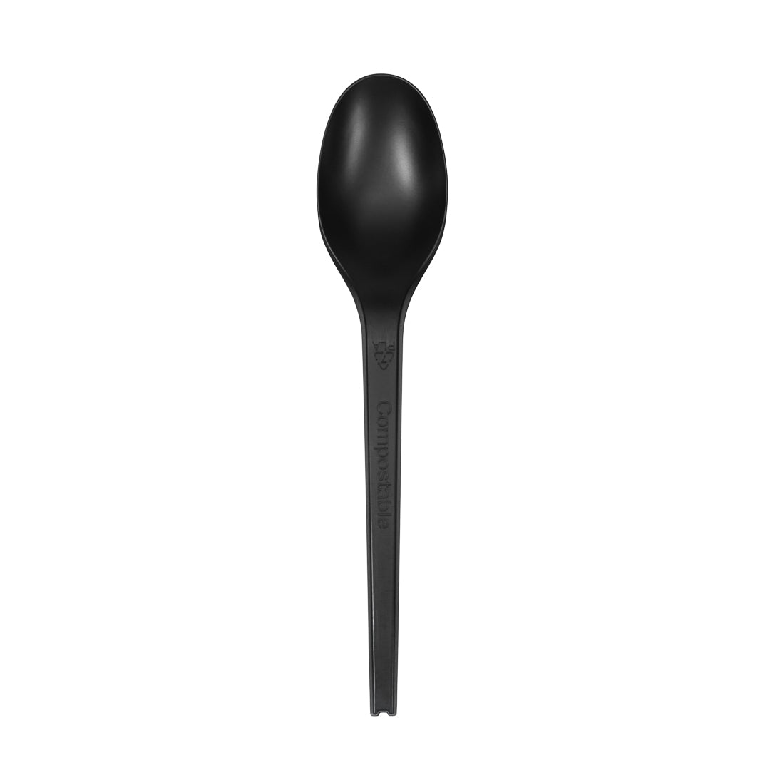Basic Nature Black CPLA Plastic Spoon - Wrapped, Heat-Resistant, Compostable - 6 1/2" - 250 count box
