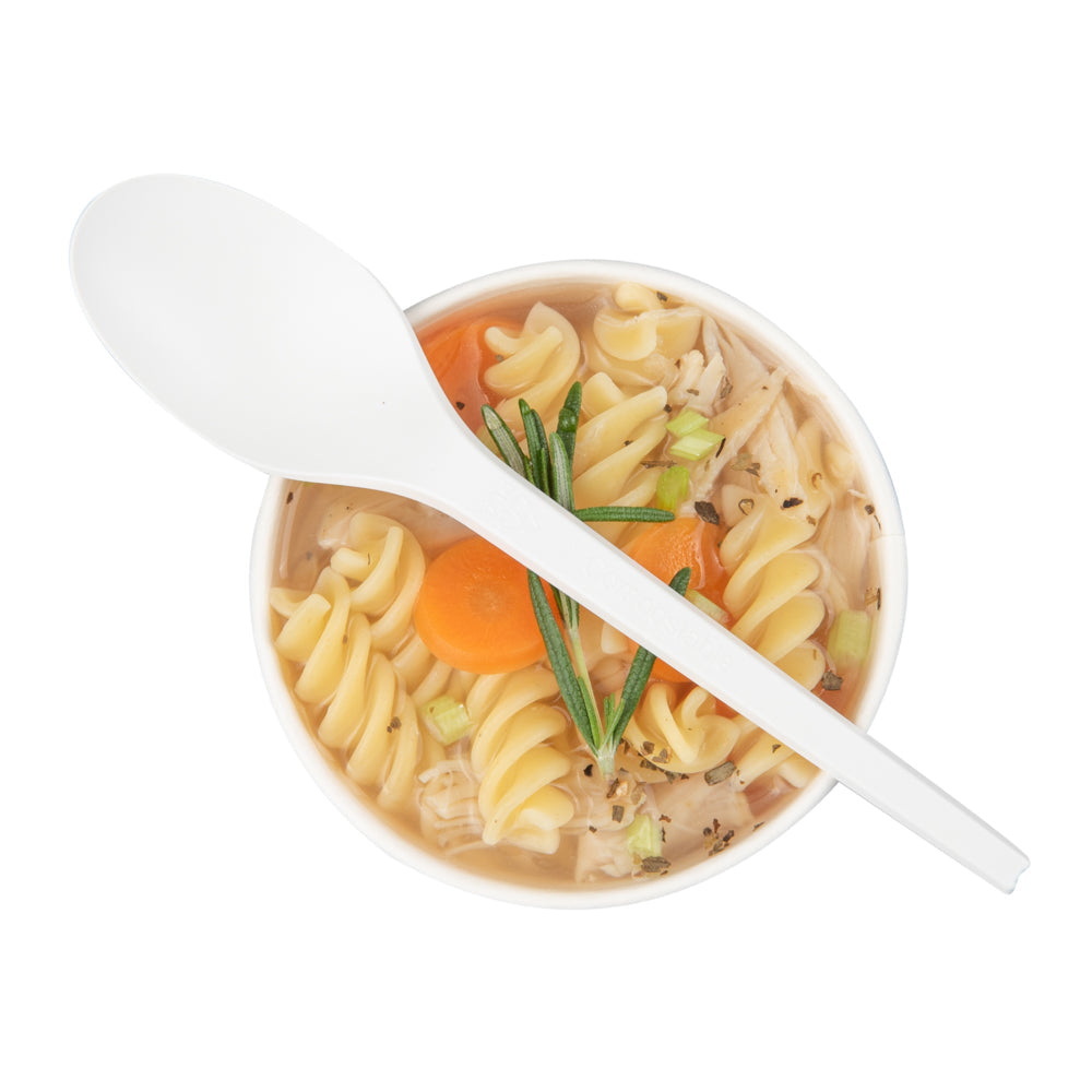 Basic Nature White CPLA Plastic Spoon - Wrapped, Heat-Resistant, Compostable - 6 1/2" - 50 count box