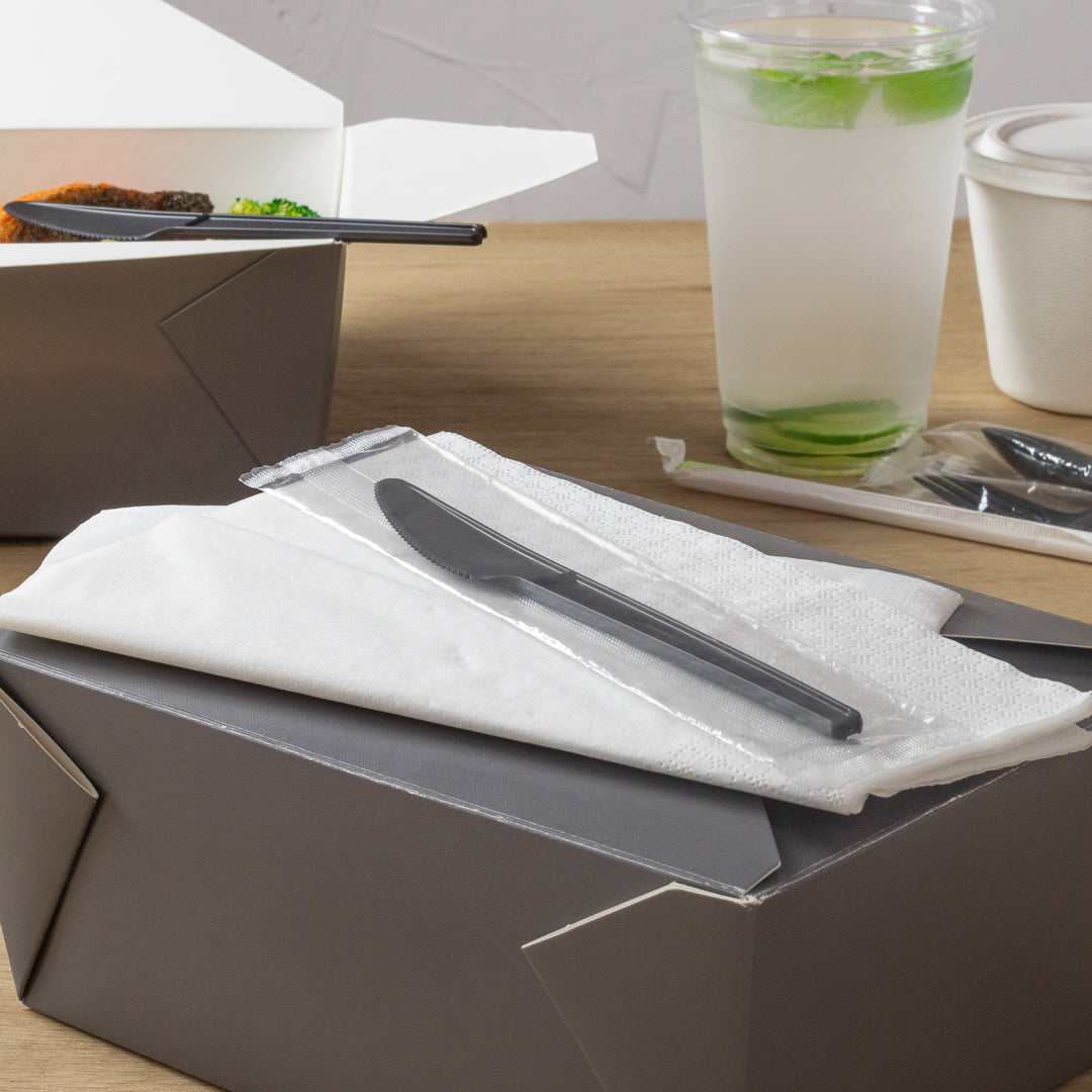 Basic Nature Black CPLA Plastic Knife - Wrapped, Heat-Resistant, Compostable - 6 1/2" - 250 count box