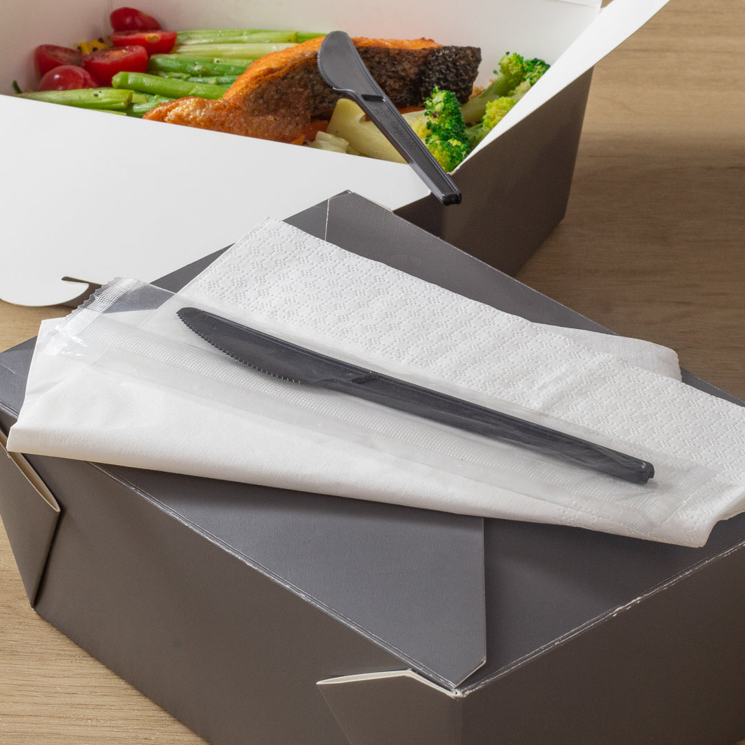 Basic Nature Black CPLA Plastic Knife - Wrapped, Heat-Resistant, Compostable - 6 1/2" - 50 count box