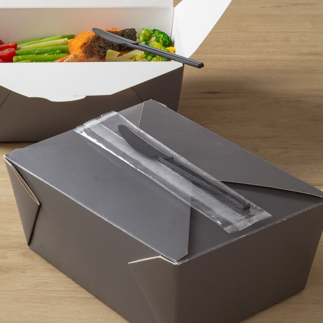Basic Nature Black CPLA Plastic Knife - Wrapped, Heat-Resistant, Compostable - 6 1/2" - 50 count box