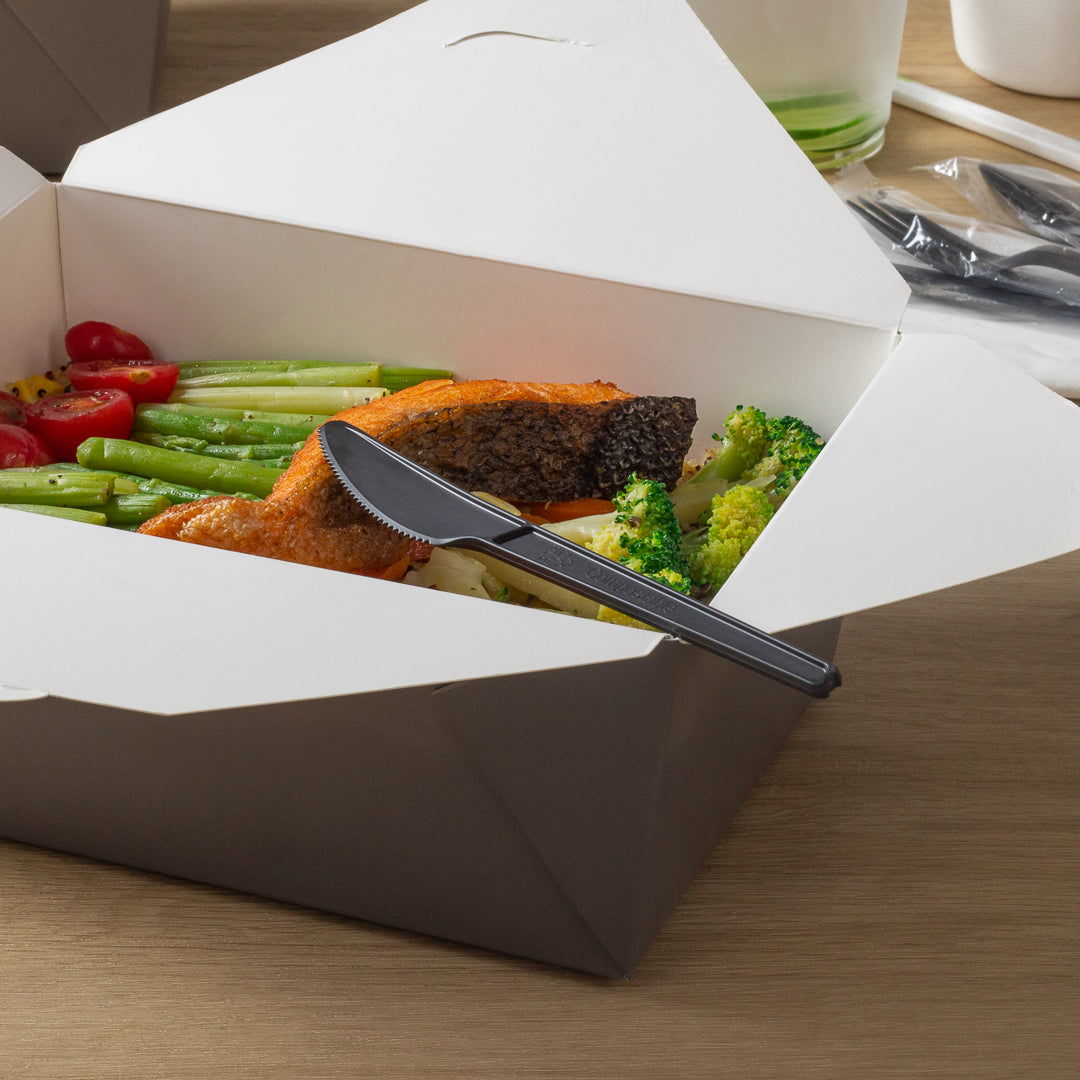 Basic Nature Black CPLA Plastic Knife - Wrapped, Heat-Resistant, Compostable - 6 1/2" - 50 count box