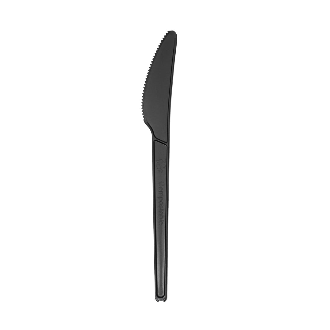Basic Nature Black CPLA Plastic Knife - Wrapped, Heat-Resistant, Compostable - 6 1/2" - 250 count box